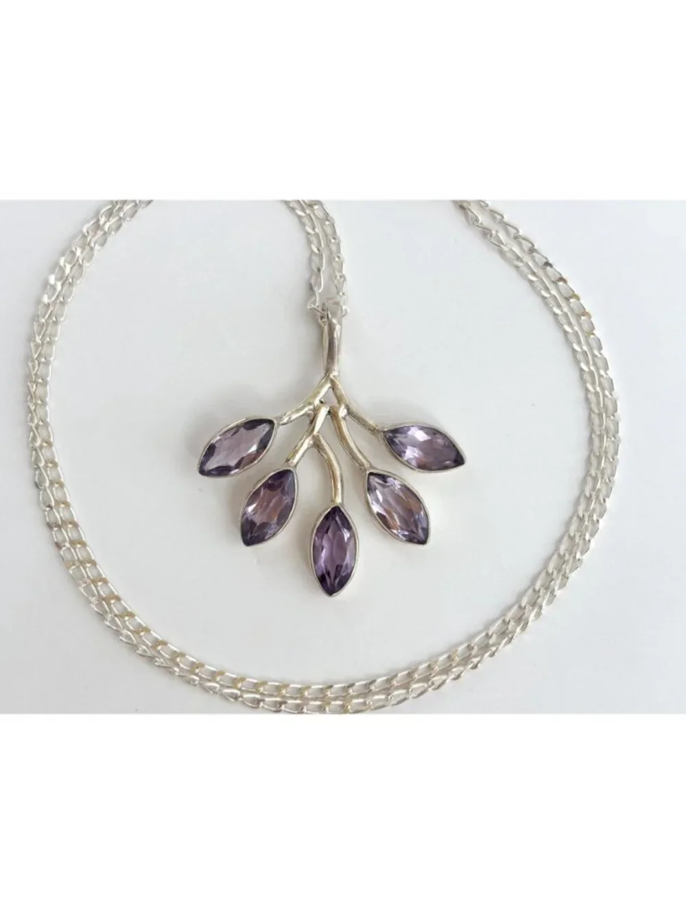 Amethyst Branched Leaves Sterling Silver 925 Vintage Pendant Necklace - 18